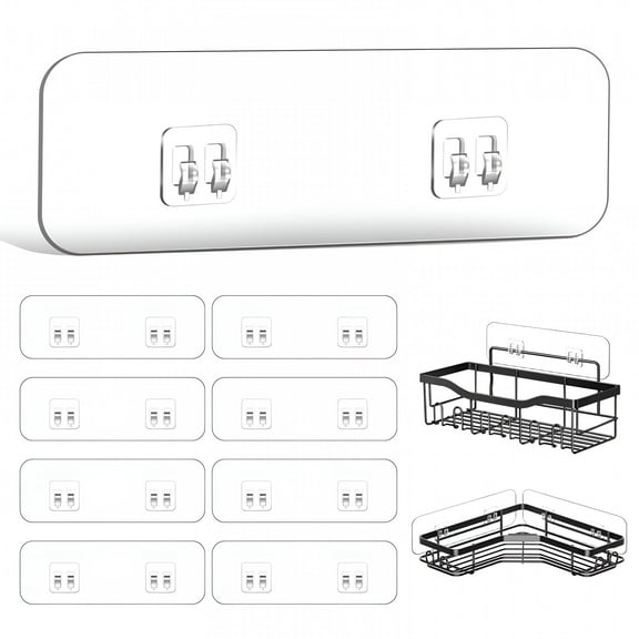 XIBUFE 9-Pack Shower Caddy Adhesive Replacement, Transparent Adhesive Hooks Stickers, Strong Hook Strip for Shower Caddy Basket Shelf, Soap Holder, Bathroom Storage Corner Shelves, Kitchen Racks