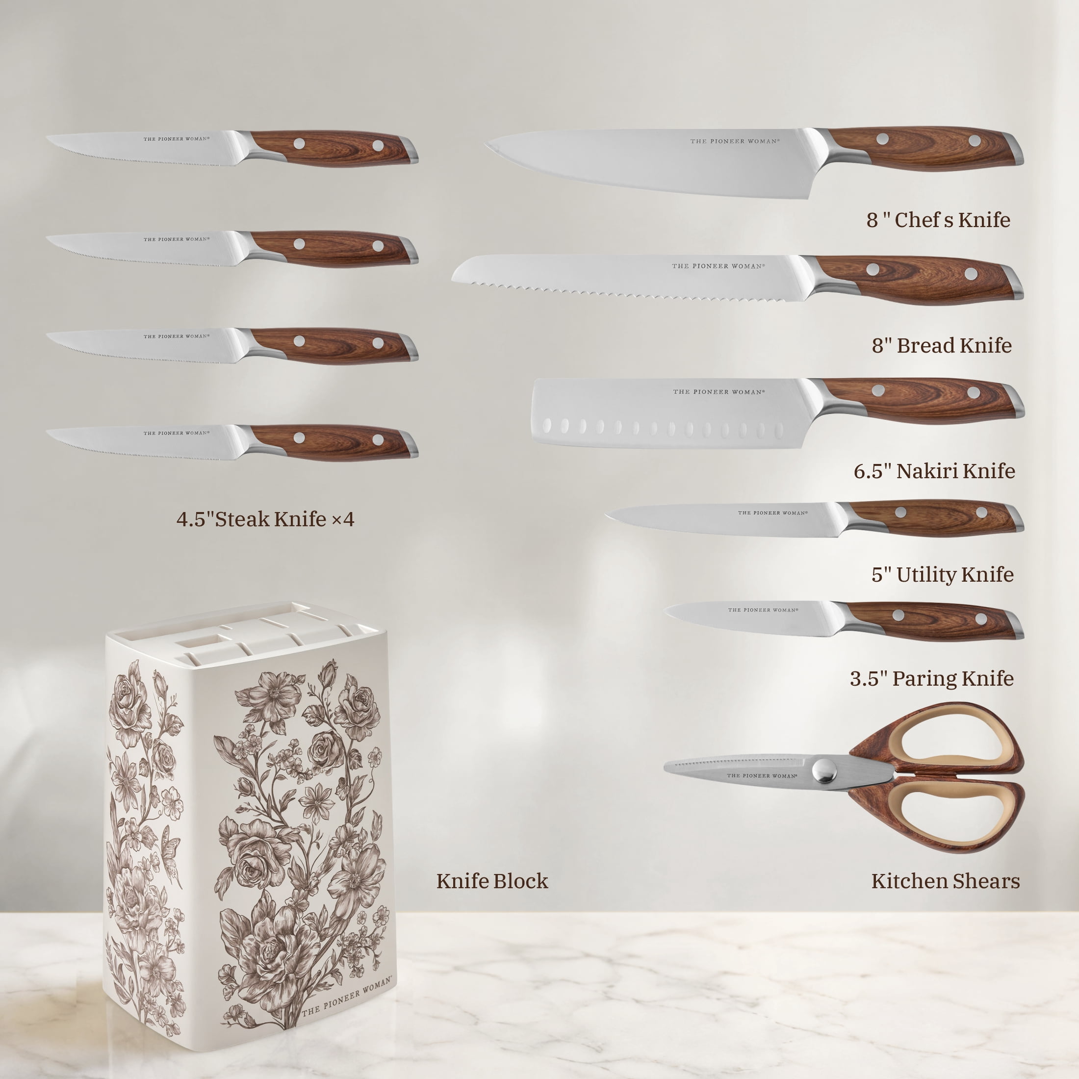 The Pioneer Woman 11 Pieces Knife Set with Decal Block Stainless Steel Knives, Forged,Brown Agatha