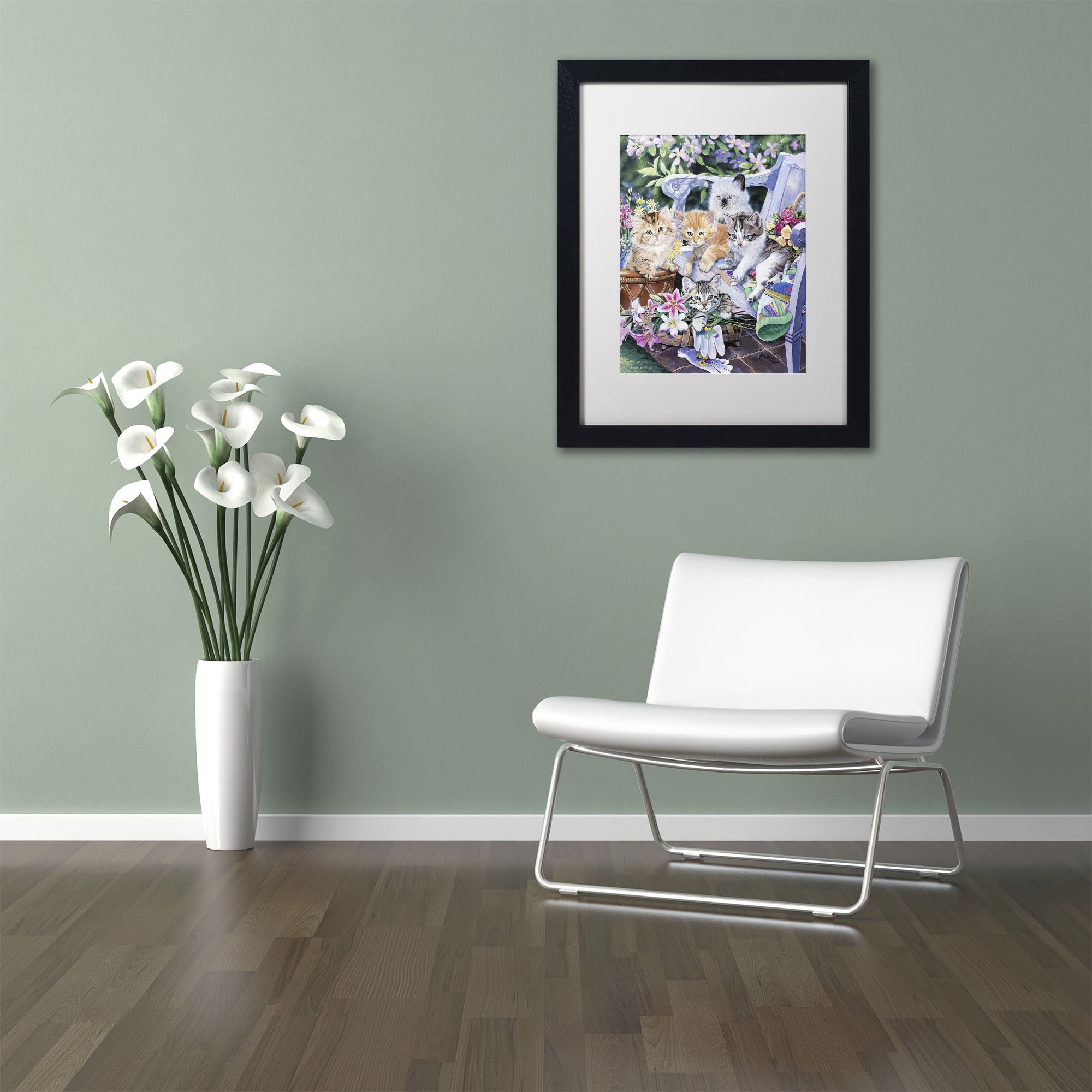 Trademark Fine Art 'Purfect Gardening Buddies' Canvas Art by Jenny Newland, White Matte, Black Frame