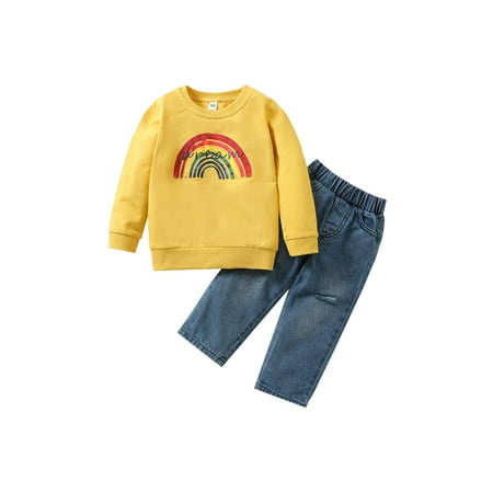 

Calsunbaby 2Pcs Infant Casual Outfits Baby Girls Rainbow Letter Print Long Sleeve Pullover Ripped Jeans with Pockets Autumn Set