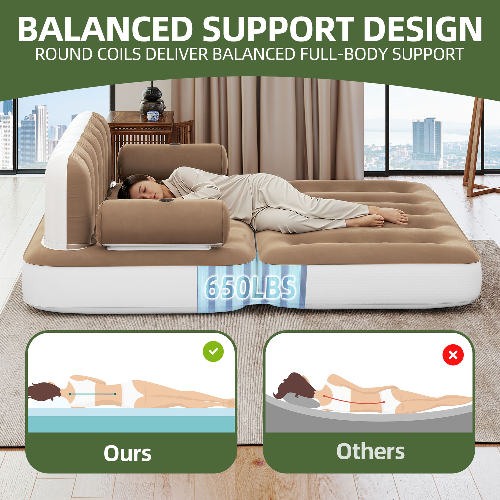 Uforic Queen Size Air Mattress with Built-in Air Pump, Brown Bed Skirt and Gray Top Including Repair Kit and Storage Bag, Supports Inflation/Deflation