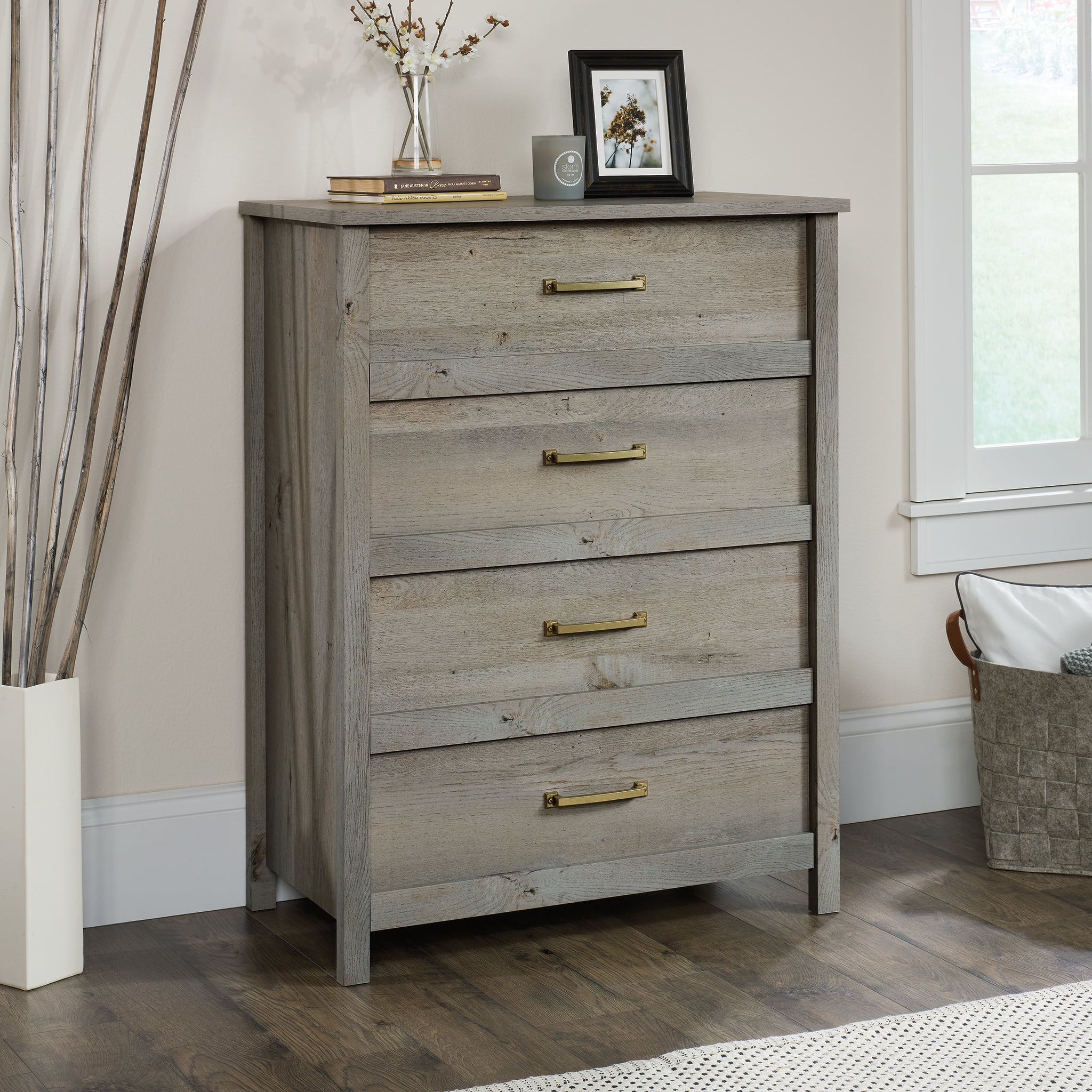 Modern Farmhouse 4 Storage Drawers Chest of Drawers Dresser Rustic White Finish 