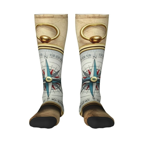 Gaeub Magnetic Old Compass On World Map Print Design Socks Stretchy High Tube Socks for Men Women Teens , Softball Soccer Socks for Hiking, Sport