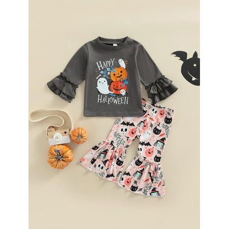 

aturustex Halloween Toddler Girls 2Pcs Outfits Pumpkin Ghost Letter Print Long Sleeve Round Neck Tops + Elastic Waist Flared Trousers (6 Months-5 Years)