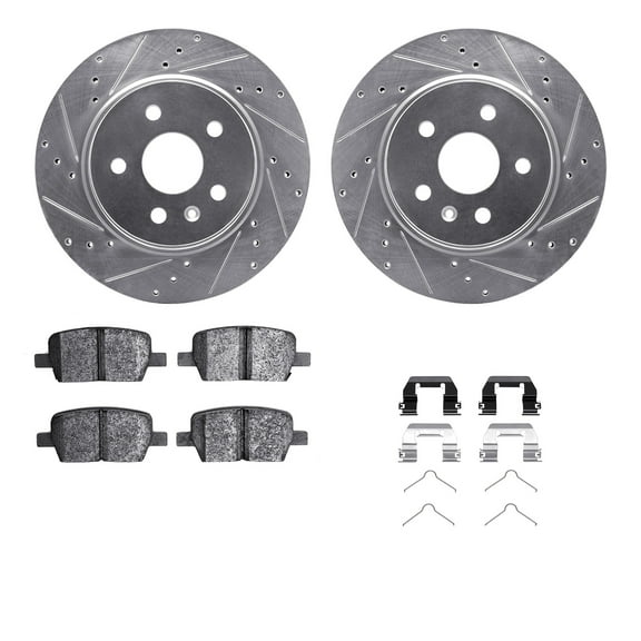 Dynamic Friction Company Rear Brake Rotors-Drilled and Slotted-Silver with 5000 Advanced Brake Pads includes Hardware 7512-65027