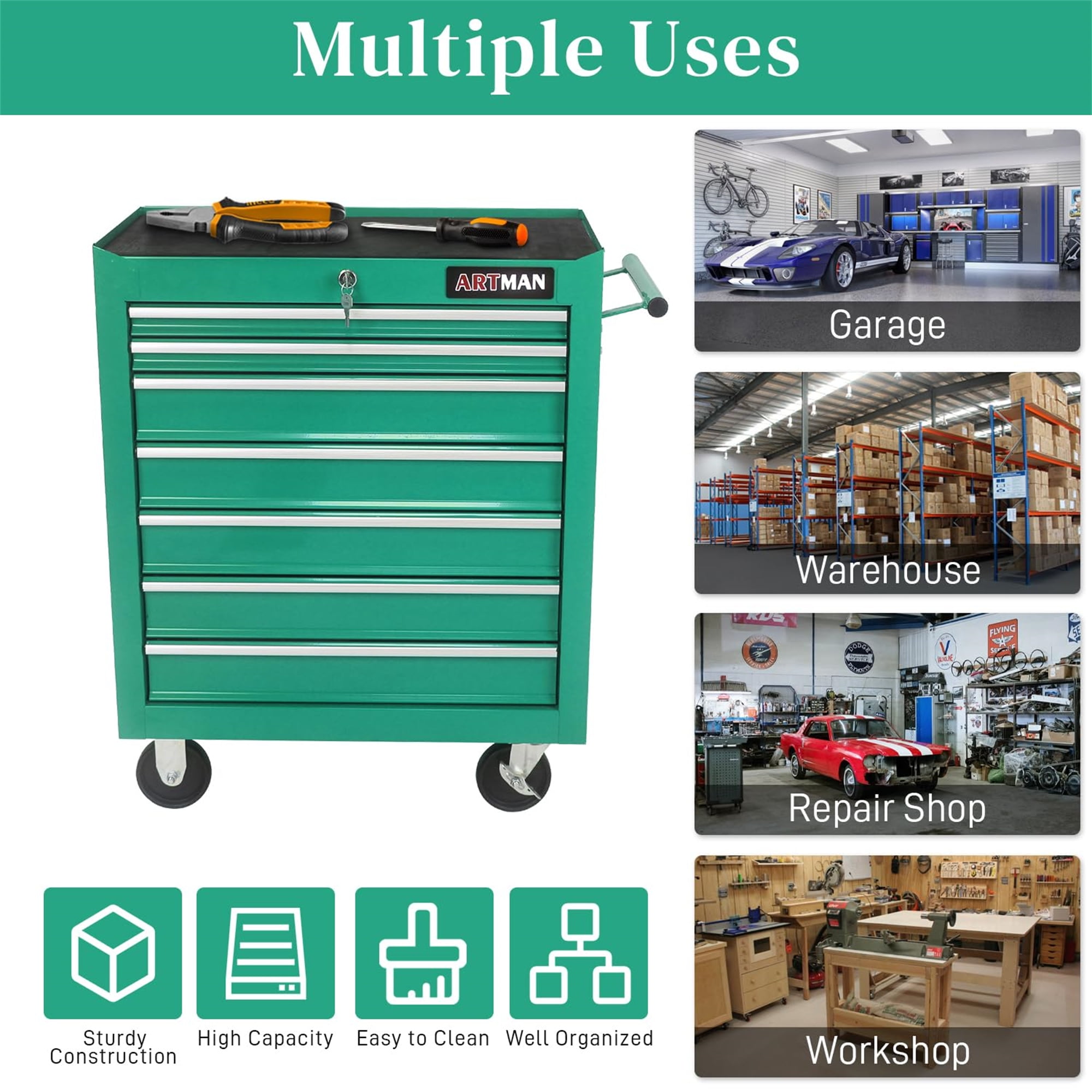 Aukfa Tool Chest, 24.5 in 7-Drawer Steel Rolling Tool Box on Wheels for Workshop Garage, Green
