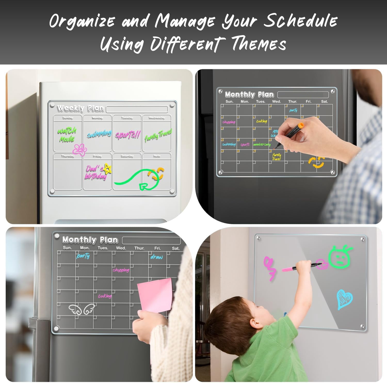 DIYMAG 4 Pack Magnetic Calendar for Fridge, Clear Acrylic Dry Erase Magnetic Refrigerator Whiteboard with 6 Highlight, To-Do List/Planner/Memo Board/Calendar for Refrigerator