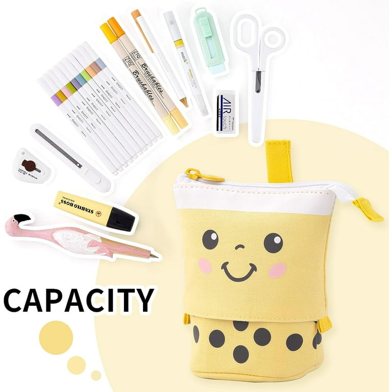 ANGOOBABY Cute Pencil Case Standing Pen Holder Telescopic Makeup Pouch Pop  Up Cosmetics Bag with Kawaii Smile Face Stationery case Office Organizer Box  for Girls Students Women Adult (Yellow) 