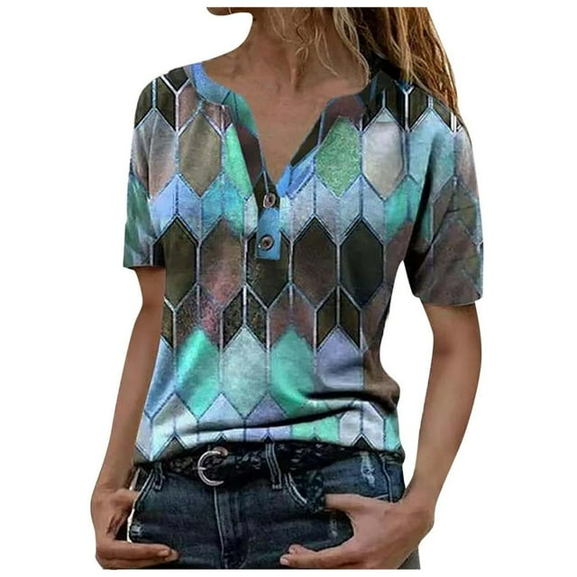 PENGXIANG Mode Femmes Été Imprimé Manches Courtes Col en V T-Shirt Hauts T-Shirt pour Femmes