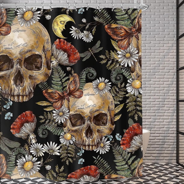 Cortina de ducha con calavera de azúcar, diseño floral de hongos, 72 x 72 l, juego de decoración de baño gótico de Halloween, esqueleto gótico, espeluznante, para hombre, tela de a