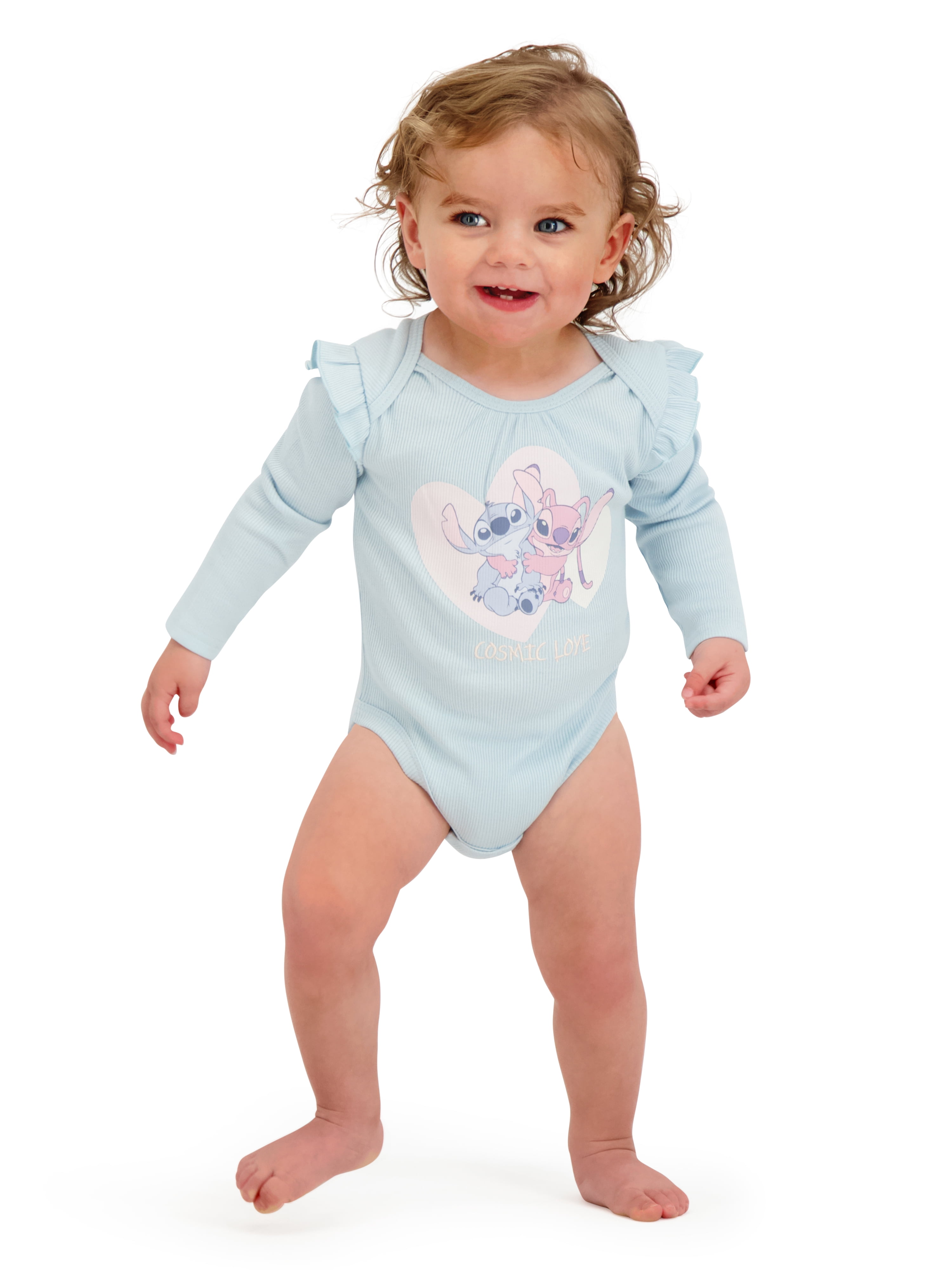 Stitch & Angel Baby Girl 3 Pack Long Sleeve Bodysuits, Size 0-24 Months