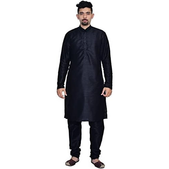 Royal Kurta Men's Silk Blend Kurta & Churidaar Set Black