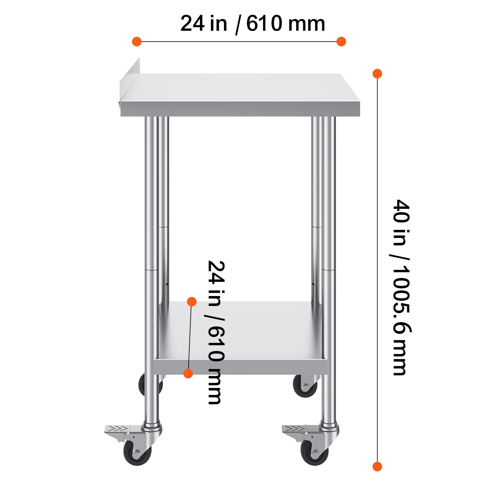 KFFKFF 24 x 24 x 40 Inch Stainless Steel Work Table, Commercial Food Prep Table with Wheels, Durable Metal Table with Adjustable Height for Kitchens, Restaurants, and Hotels