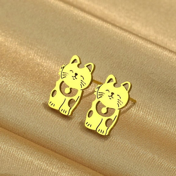 Lucky Cat Stud Earrings Stainless Steel Cute Animal Earrings for Women Men Pet Jewelry Party Wedding Gift