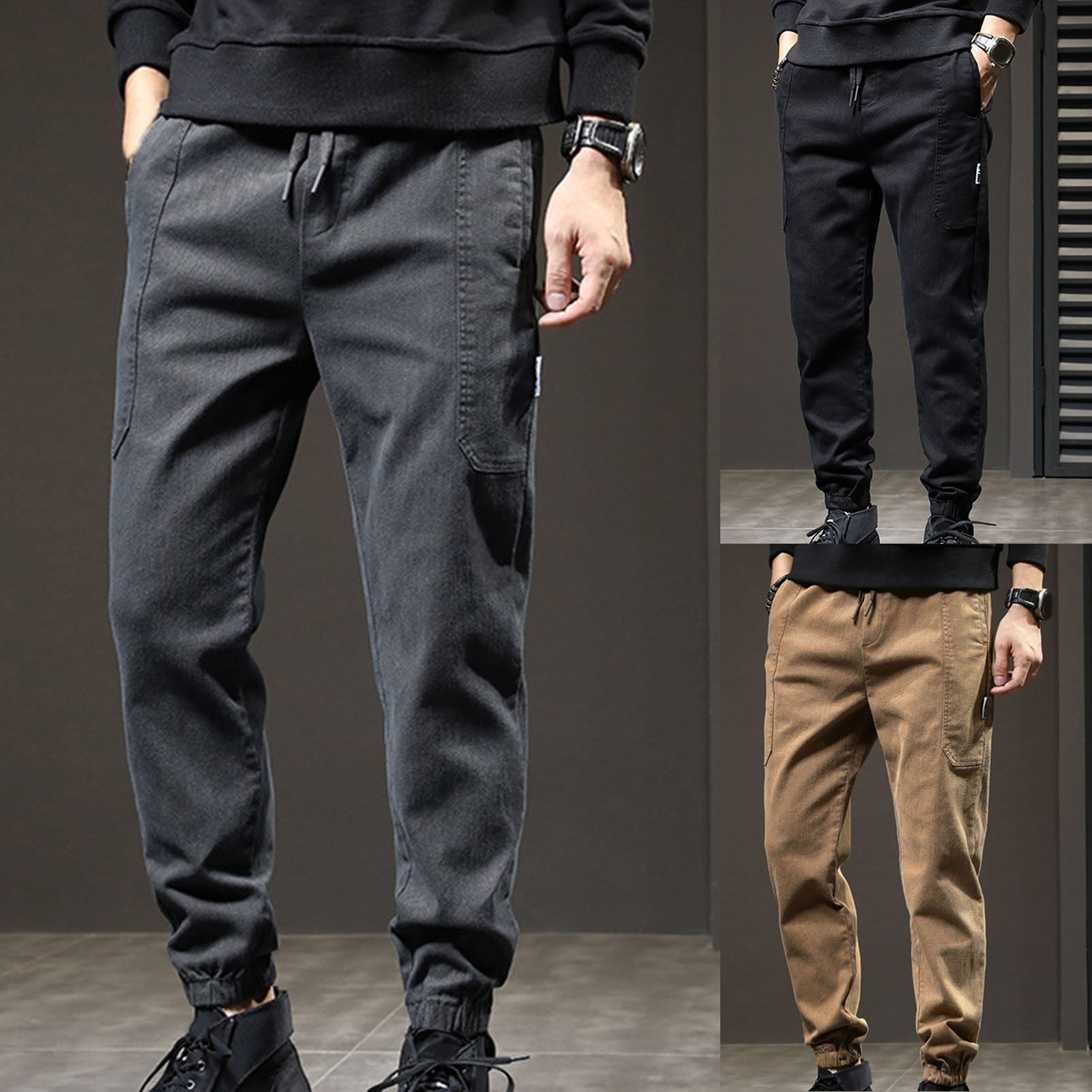 Domple Mens Color Block Multi-Pockets Harem Elastic Waisted Casual Cargo Pants 
