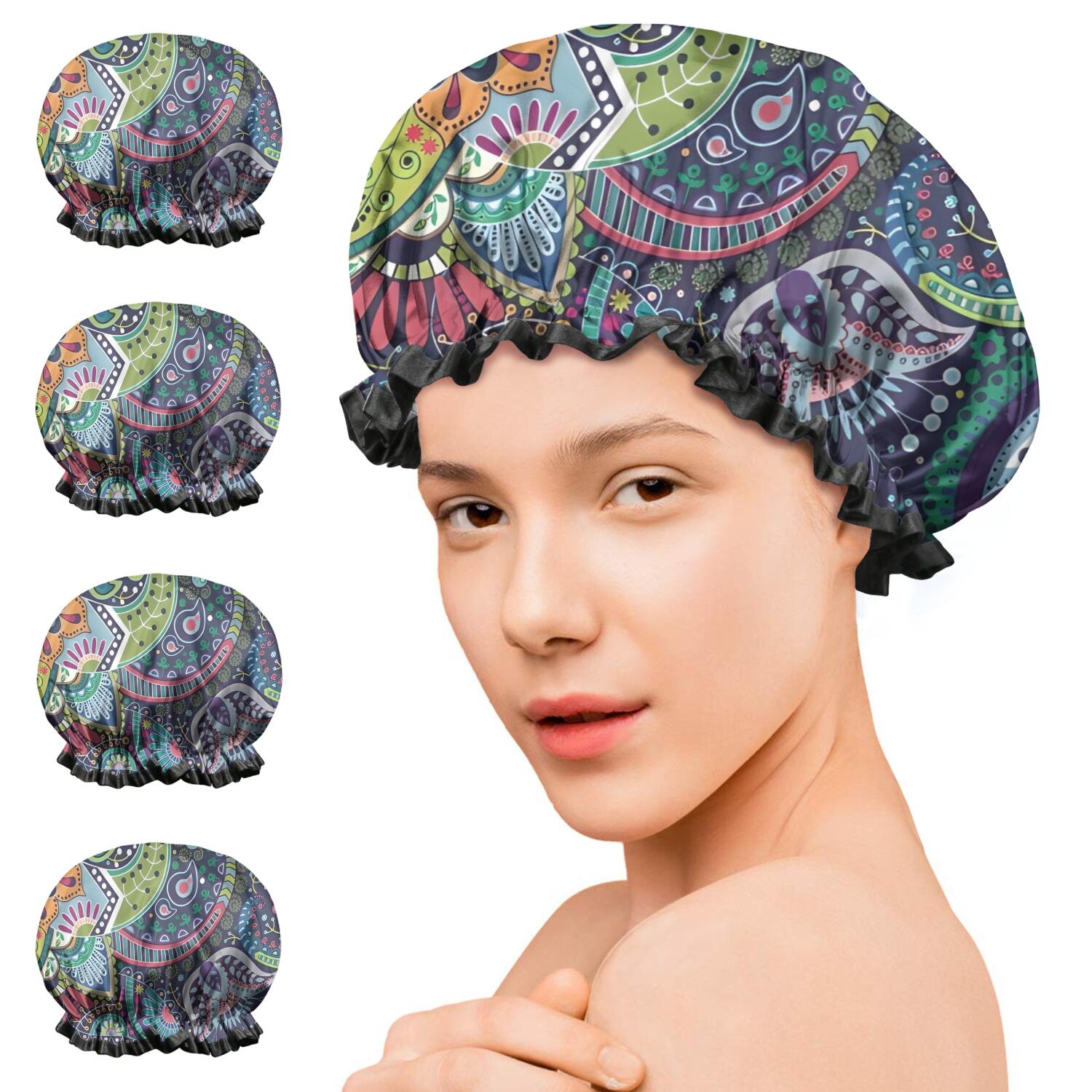 Shower Caps,Multicolor Ethnic Paisley and Floral Pattern Waterproof Shower Cap for Women 4 Pieces,Double Reusable Hair Cover for Shower PEVA Elastic Stretch Hem