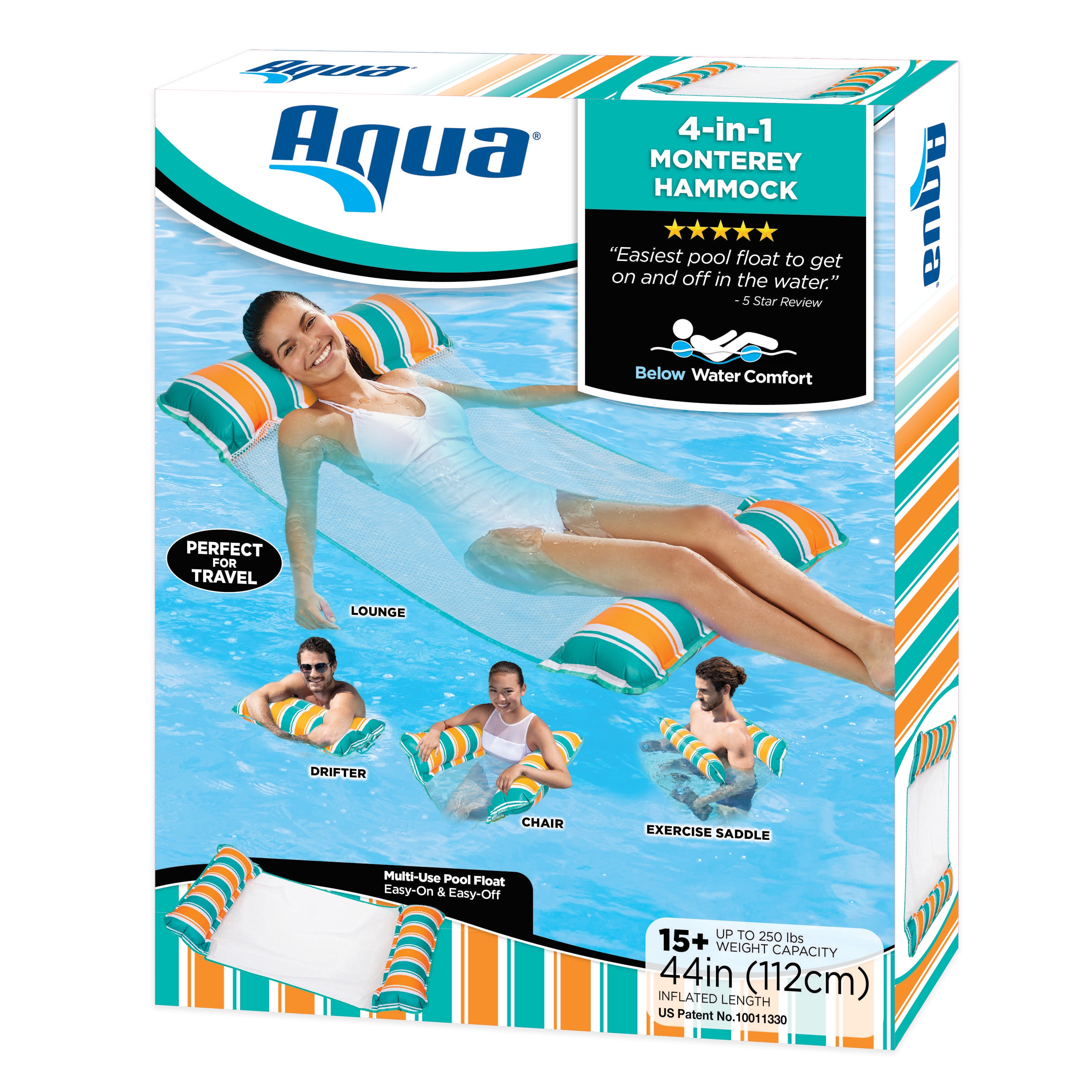 (3 pack) Aqua-Leisure 4-in-1 Monterey Hammock Pool Float, Teal/Orange Stripe, 250 lb Capacity