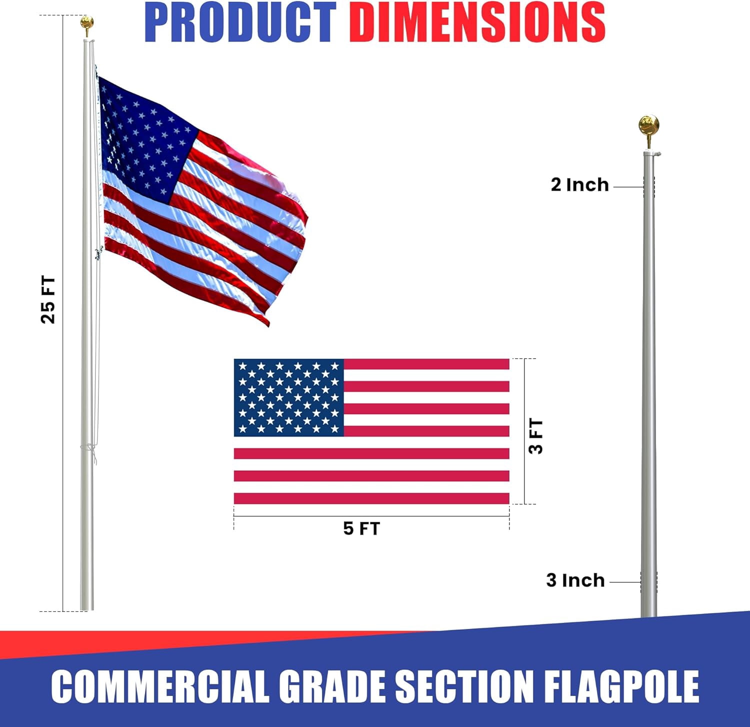 Super Tough USA-Made 25ft Heavy Duty Flag Pole for Outside House - Satin- Residential In-Ground Flagpole - 4-Section High-Grade Aluminum - Includes All Accessories