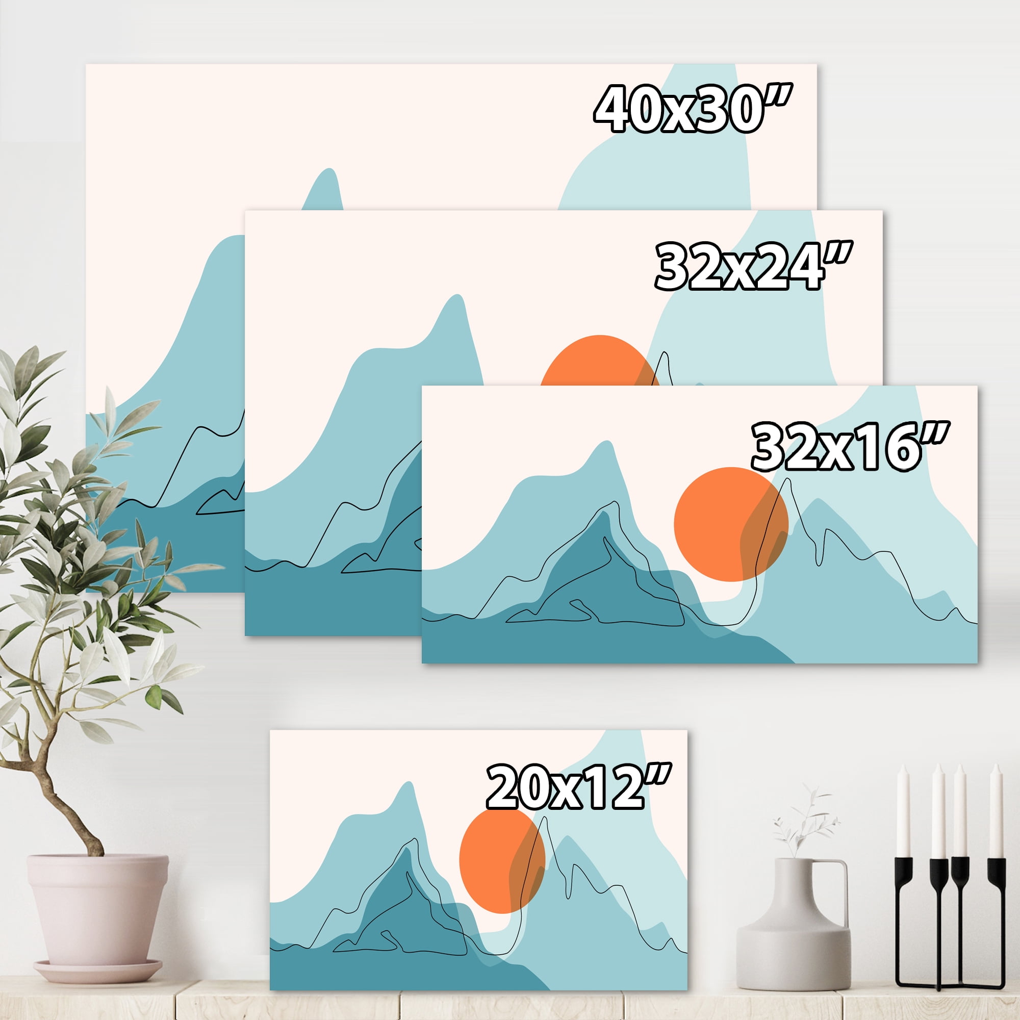 Designart ' Abstract Blue Mountains With Red Moon I ' Modern Canvas Wall Art Print