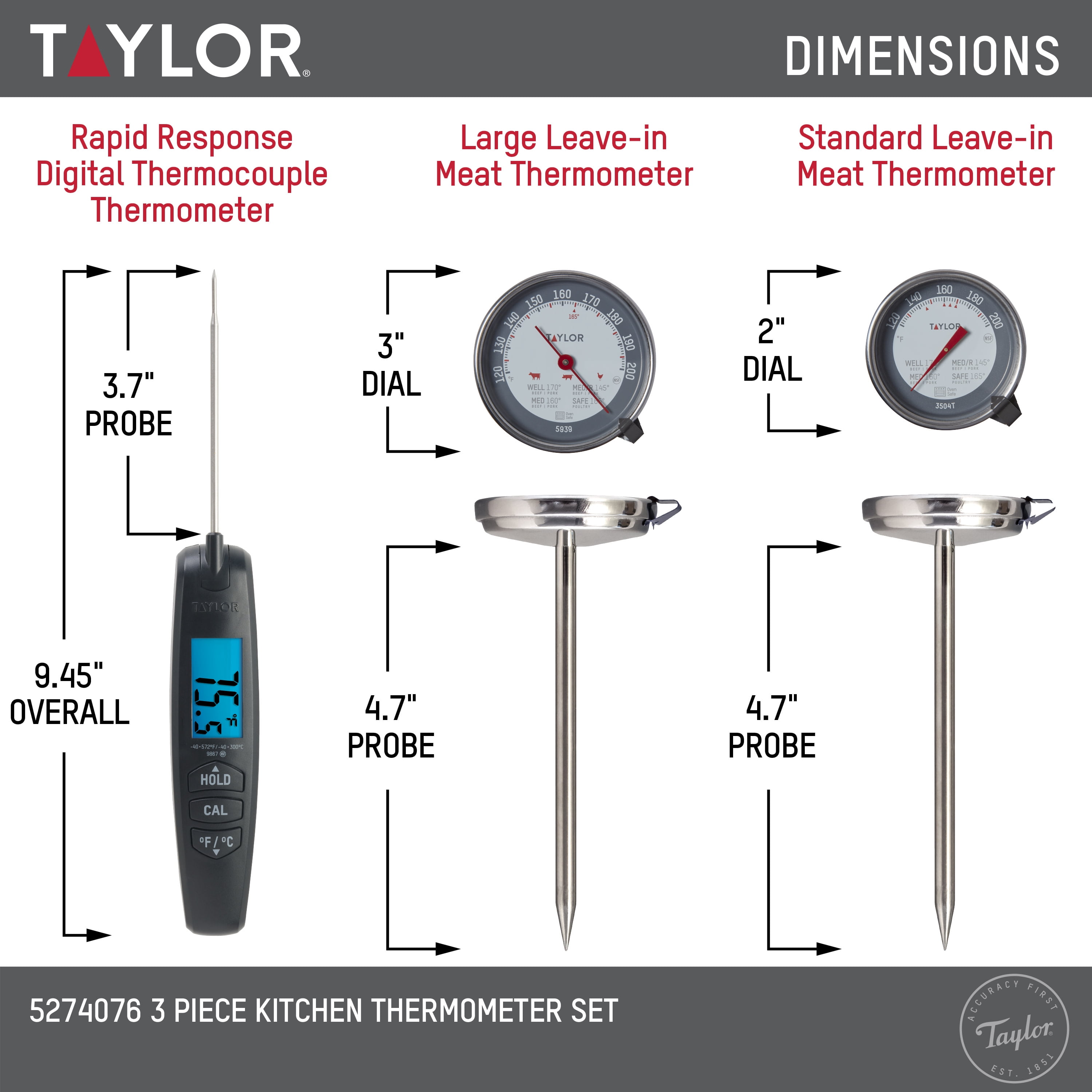 Taylor 3Pc Kitchen and Food Thermometer Set - Includes: 1 Super Fast  Digital Thermocouple Thermometer, 1 Leave-in Oven/Grill-Safe Analog Meat