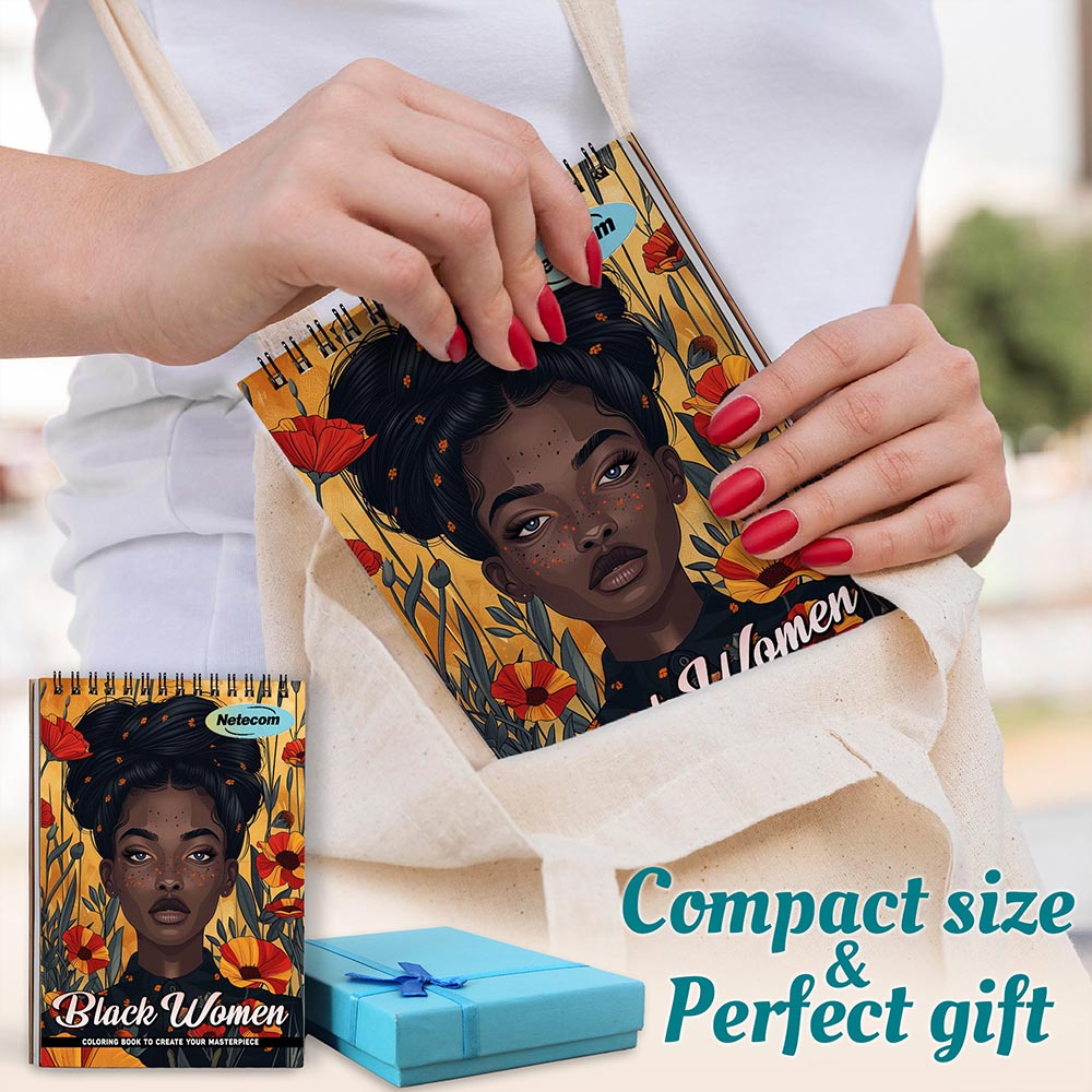 Black Women Coloring Book Spiral Bound For Adults, A5 Wooden Cover, 30 Coloring Pages of Beautiful Black Women, Natural Hairstyles, Afrocentric Fashion for Stress Relief and Relaxation