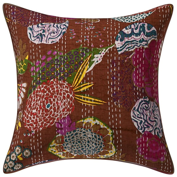 Stylo Culture Ethnic Couch Throw Pillow Cover 16x16 Kantha Dark Brown Printed 40cm x 40cm Home Decor Accent Pillowcase Cotton Tropicana Square Cushion Cover | 1 Pc