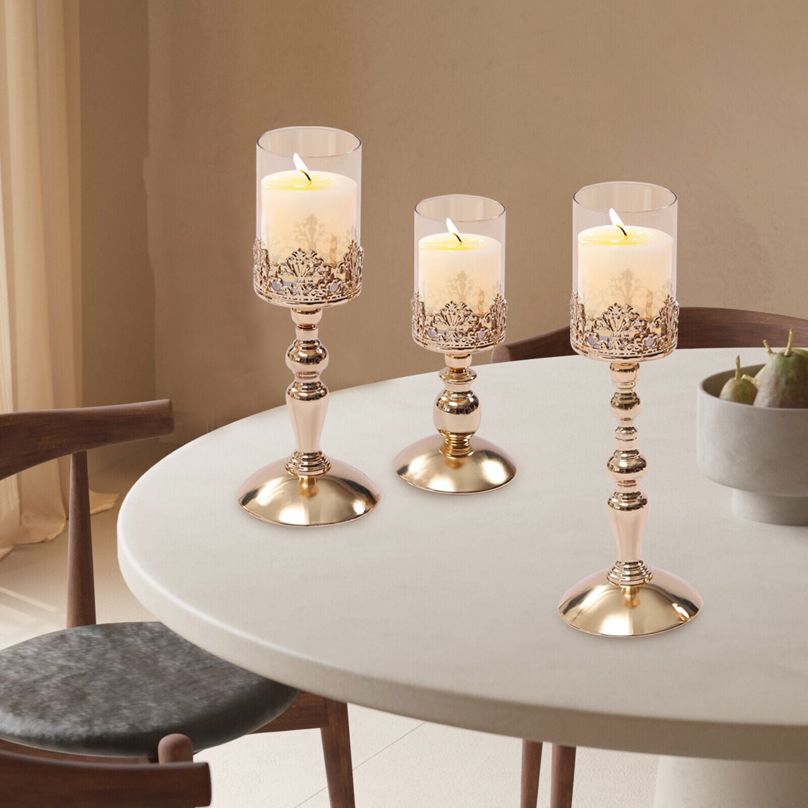 Miumaeov Luxury Glass Pillar Candelabra 3 Pcs Candlestick Gold Desk