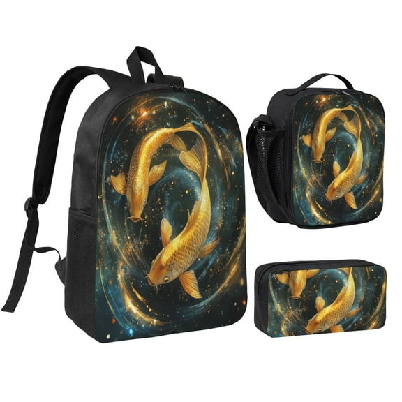 FishPattern Backpack 17 Inch Set with Lunch Bag and CaseDurableTravel Bag Combo for Work Commuting Daily Use