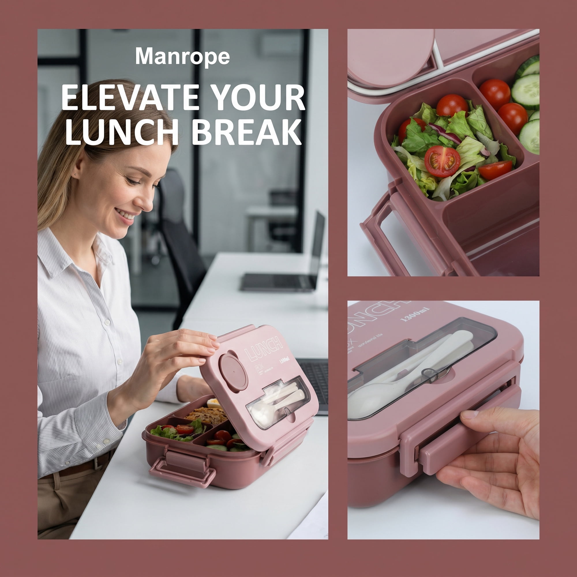 Unique Bargains Leakproof Meal Bento Lunch Box with Utensil Slot Dip Cup Pink
