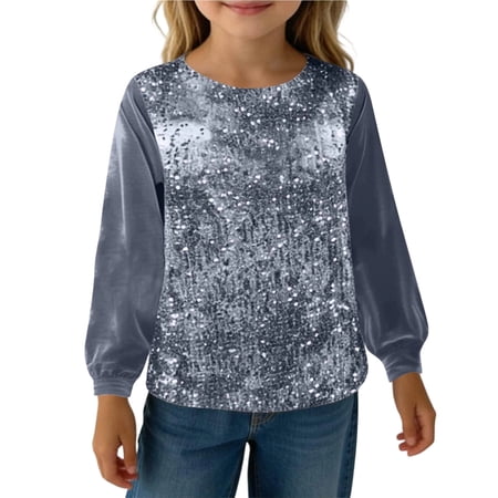 AWZXDE Shine Girls Glitter Tee Long Sleeve Round Neck Loose Fit Casual Blouse Comfortable Everyday Shirt For Toddler And Kid