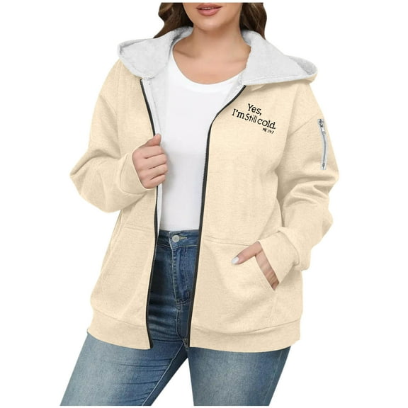 Olyvenn Women's Plus Size Sherpa-Lined Fleece Hooded Jacket Long Sleeve Zip Up Coat With Pockets Oversized Trendy Casual Wear Khaki XXL