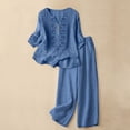 thumbnail image 5 of 3/4 Sleeve Embroidered Linen Set for Women, V-Neck Cotton Blend Top & Wide Leg Cropped Pants 2 Piece Outfit - Boho Summer Vacation Lounge Co-ord Set Blue XXL, 5 of 9