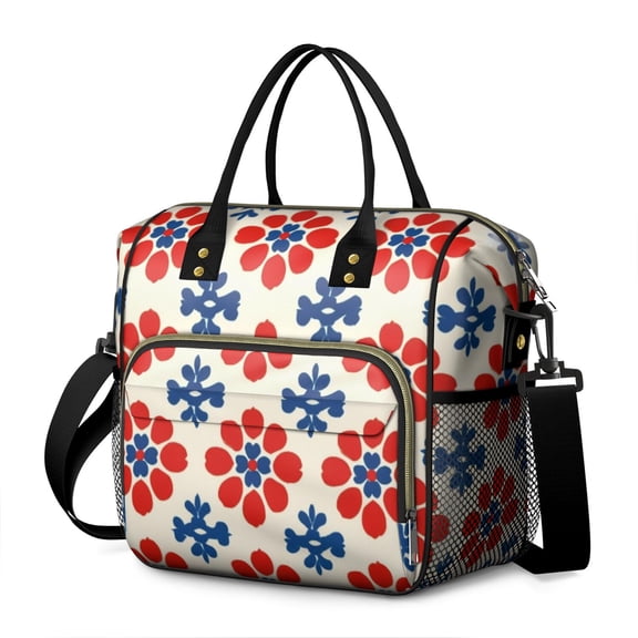 OBREWU Red and Blue Pioneer Flower Modern Art Geometric Women's Insulated Leakproof Large Lunch Bag, Oxford Cloth
