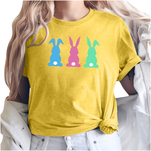 Blusa informal de manga corta con cuello redondo y estampado de Pascua para mujer Pompotops hfajkhk127898