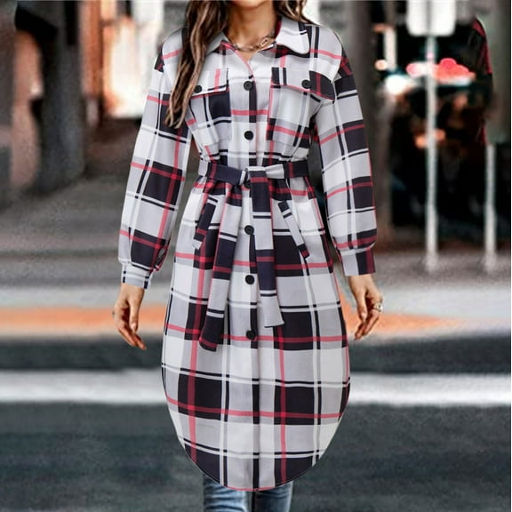 Herrnalise Women Plaid Casual Long Sleeve Loose Lapel Long Jacket Coat With Pocket And Belt