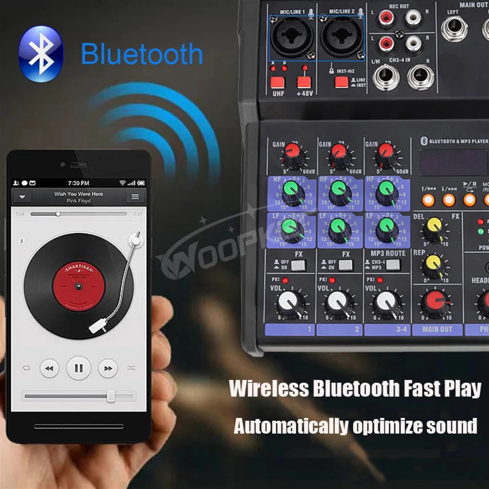 Woopker 4-Channel Audio Mixer Console with Wireless Microphone Sound Mixing USB input DJ Mixer ,Precision Control