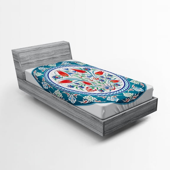 Ambesonne Teal Fitted Sheet, Turkish Tulip Floral Art, Twin XL Size, Teal Red White