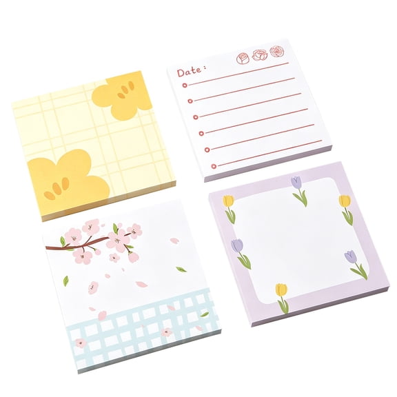 Hyknon Sticky Notes Sets 3×3 Inch , 4 Pack Total 200 Sheets Floral & Planner Style Memo Pads, Self-Adhesive Lined/Blank Note Tabs, Cute & Functional Notes for Office Journal Organization (A)