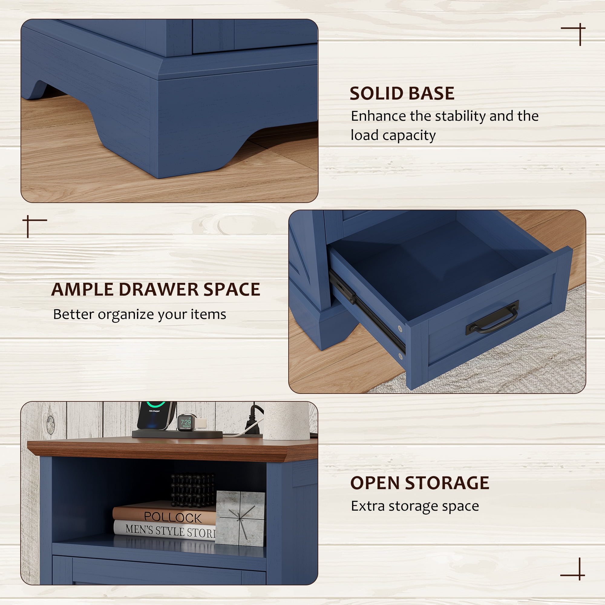 Farmhouse Nightstand Set of 2, 18 inch End Table with Charging Station for Bedroom, Living Room, Blue