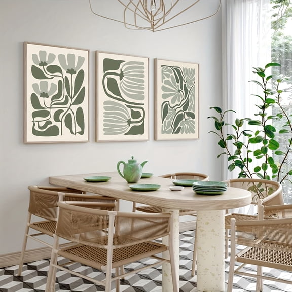 Abstract Sage Green Flower Art Print Set of 3, Green Vintage abstract Minimalist Flower Posters, Mid Century Wall Art, Japandi Wall Decor, Boho Print, No Frame