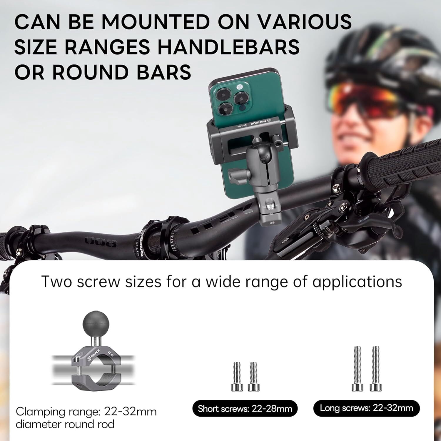 FANAUE Motorcycle Phone Holder with 1" Ball Head Aluminum Adjustable Bicycle Handlebar Phone Mount Compatible with RAM Socket Arm & Bike Phone Mount for 6-8.5" Smartphone
