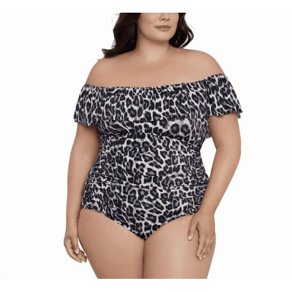 Swim Solutions Plus Size Cheetah-Print Off-the-Shoulder One Piece Swimsuit, Created for Macy's - Leaping Leopards
