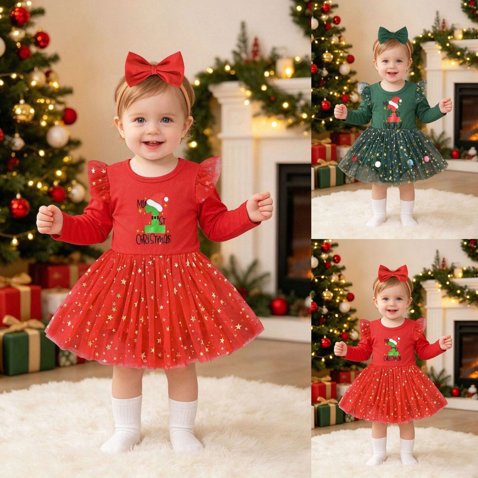 Pandaie Baby Girls My First Christmas Romper Dresses Toddler Ruffle Sleeve Star Tulle Xmas Dress with Headband Green,9-12 Months