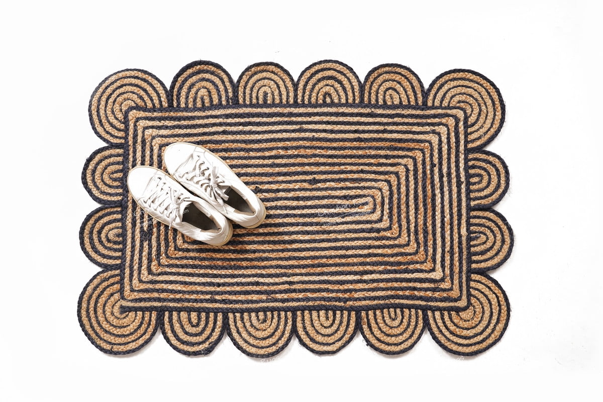 Rectangle Rug Natural Jute Rug Hand Braided Beige and Navy Blue Color Area Rug