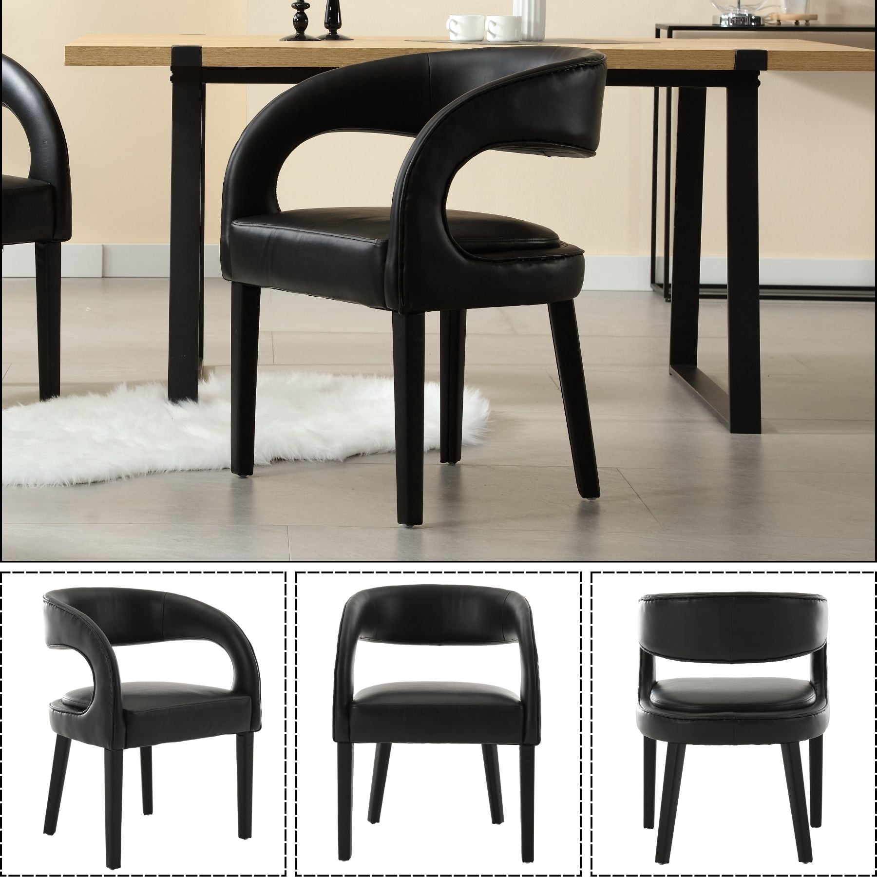 Dayalane Modern Upholstered Dining Chairs Set of 4, PU Leather Barrel Accent Chairs with Open Back and Arms, Comfy Kitchen & Dining Room Chairs with Wood Legs for Living Room/Bedroom,Black