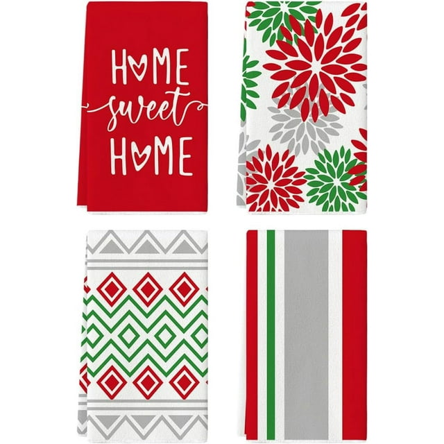 Biwat Serviettes de Cuisine Boho à Rayures Rouges et Vertes, Serviettes de Vaisselle, 18x26 Pouces, Décoration d'Hiver et de Noël, Ensemble de 4