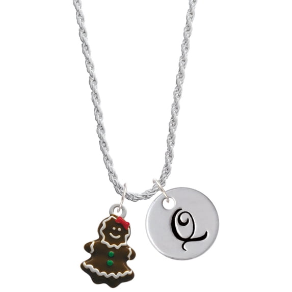 Delight Jewelry Enamel Gingerbread Girl Silvertone Script Initial Disc - Q - Charm Necklace, 20"+3"