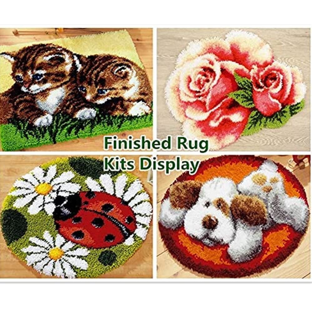 Latch Hook Rug Kit for Adults Cartoon Grey Cat DIY Carpet Cushion with Printed Canvas Crochet Yarn Craft Hook and Latch Tapestry for Home Decoration Pets Warm Pads 52x38cm