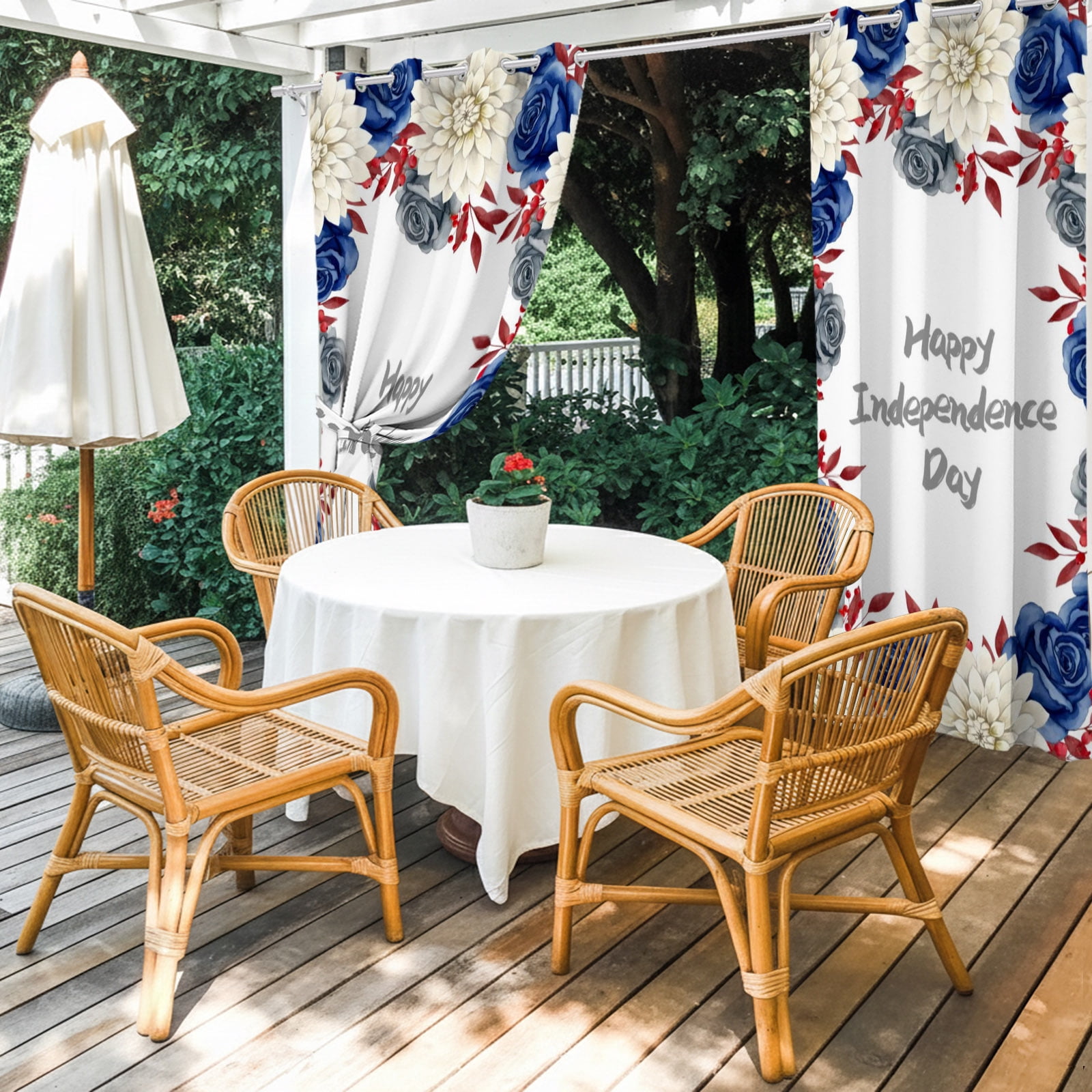 Happy Independence Day Outdoor Curtains for Patio, Red Blue Rose Dahlia Flower Sunshade Privacy Drapes Grommet Waterproof Outside Curtains for Porch/Cabana/Balcony 54"x 108", 1 Panel