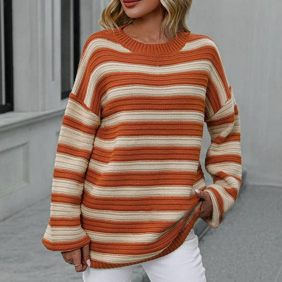 Aloohaidyvio Christmas Sweaters,Womens Loose Pullover Sweater Striped Knitted Long Sleeved Top Round Neck Sweater